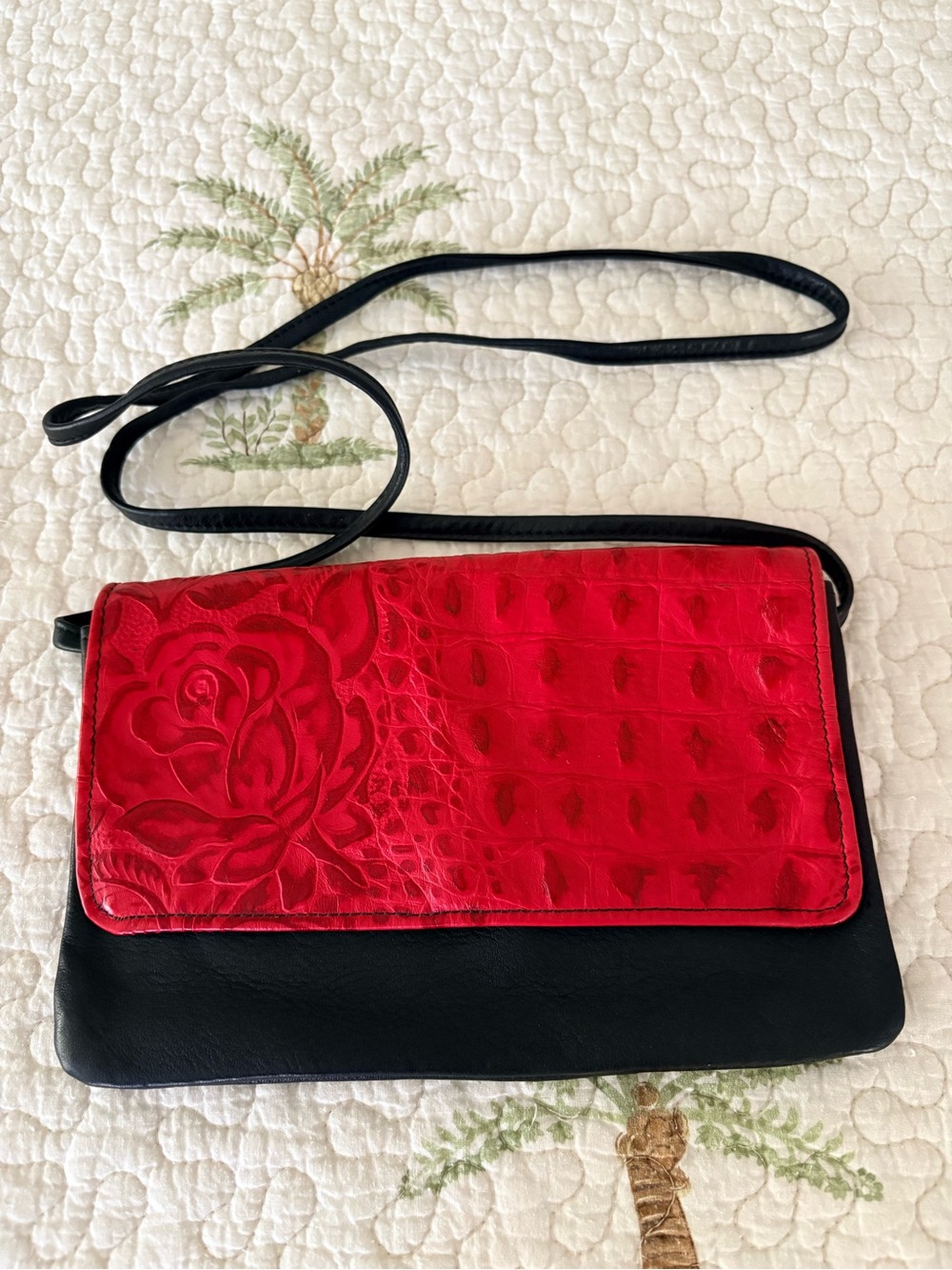 Black Crossbody Bag with Leather hand tooled Red Floral Accent